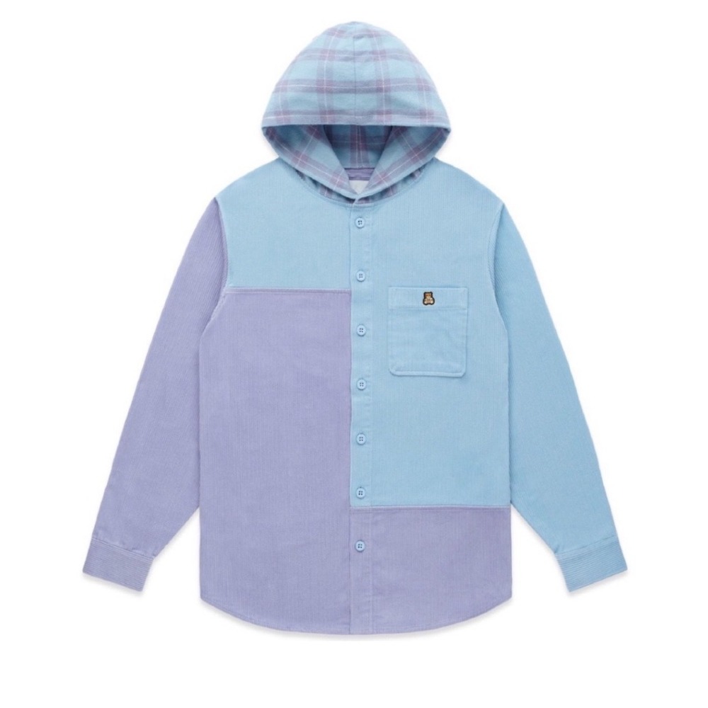 Teddy Fresh Corduroy Hooded Shirt Women M Blue Purple Colorblock Pastel Bear
